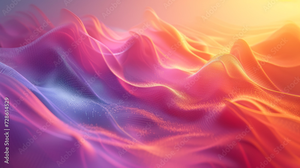 Fototapeta premium Colorful flowing wavy surface with neon gradient illumination. Stream of luminous particles in outer space or the depths of the ocean. Cyberpunk, abstract futuristic background.