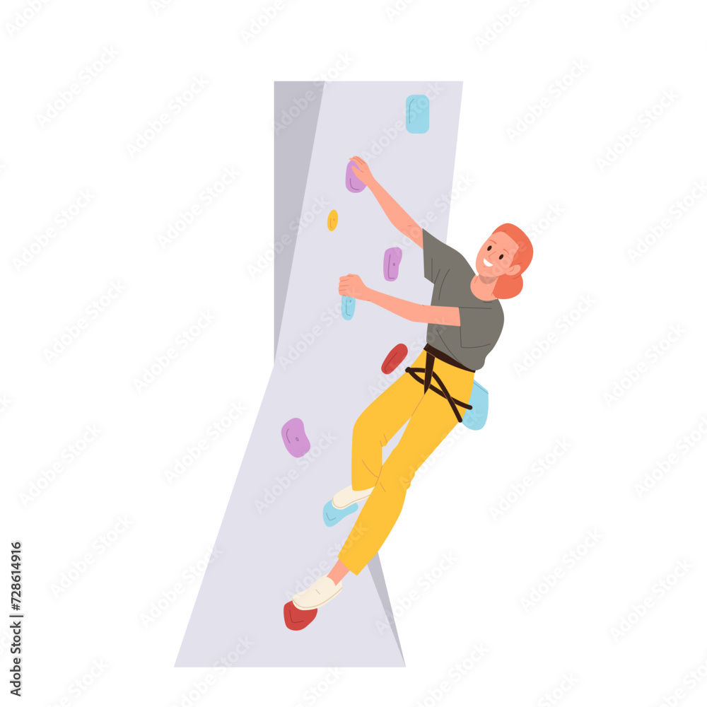 Extreme young woman sportive athlete climber cartoon character gripping stones on indoor rock wall