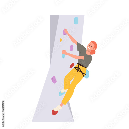 Extreme young woman sportive athlete climber cartoon character gripping stones on indoor rock wall