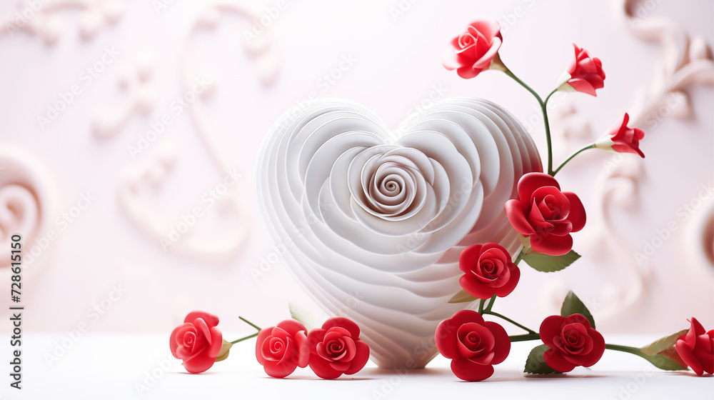 White heart made from flower petals and there were several red roses on the side. Placed on the floor in a pink room with beautifully patterned walls.
White heart made from flower petals and there were several red roses on the side. Placed on the floor in a pink room with beautifully patterned walls.