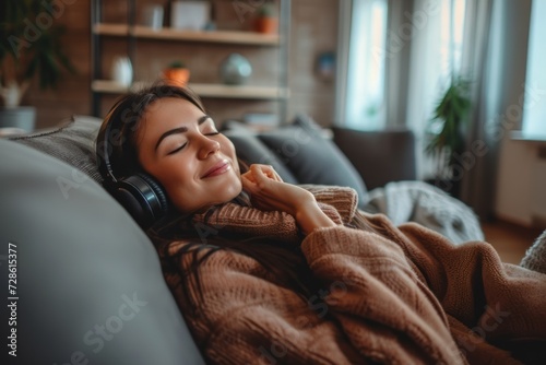 Woman Laying on Couch Listening to Music