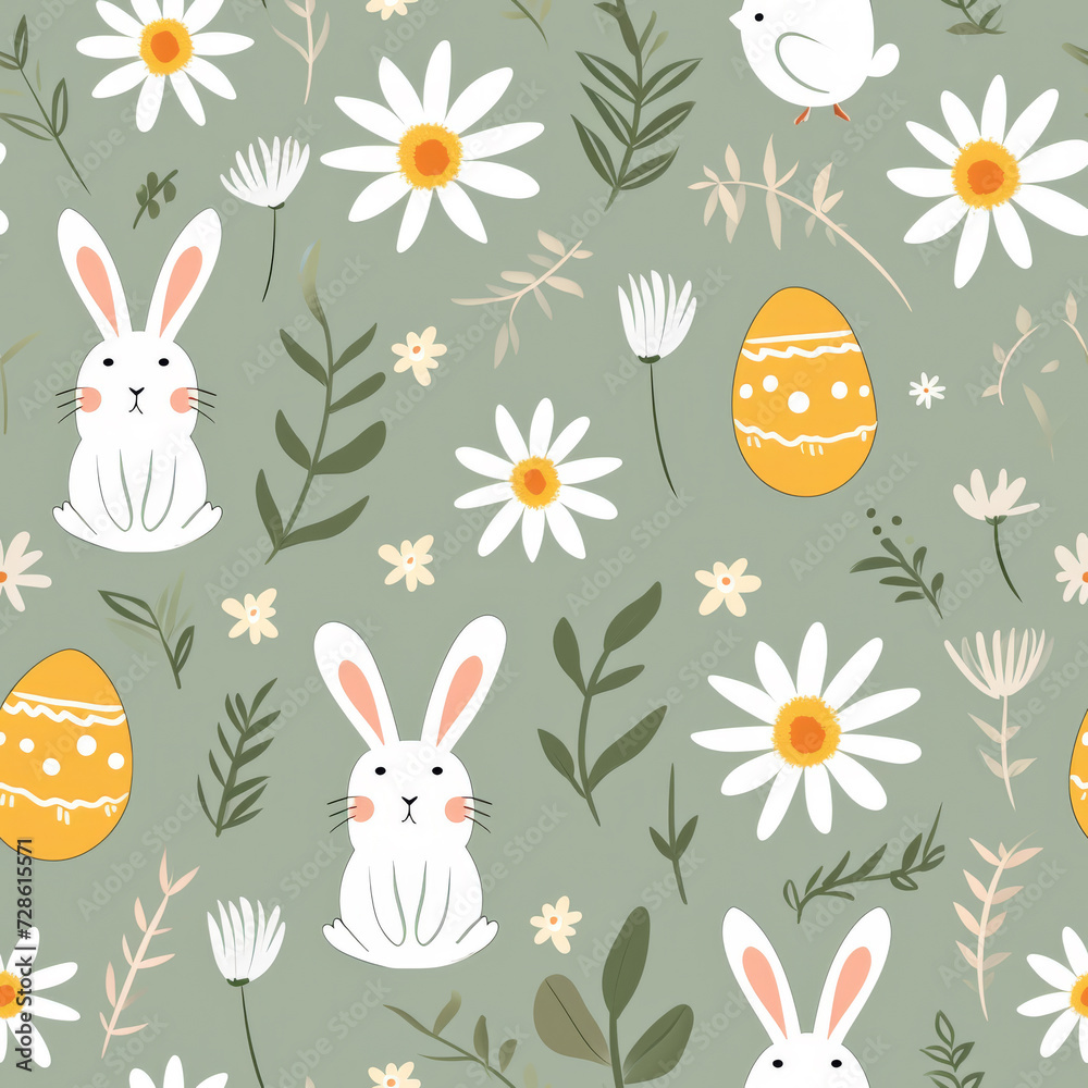 Simple Easter repeat pattern, with rabbits, daisies, chicks and eggs
