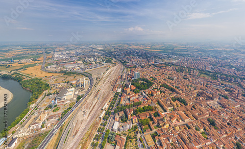 Piacenza, Italy. Industrial zone. Piacenza is a city in the Italian region of Emilia-Romagna, the administrative center of the province of the same name. Summer day. Aerial view