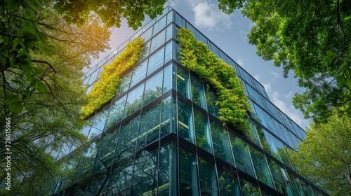 Eco-friendly building in the modern city. Sustainable glass office building with tree for reducing carbon dioxide. Office building with green environment