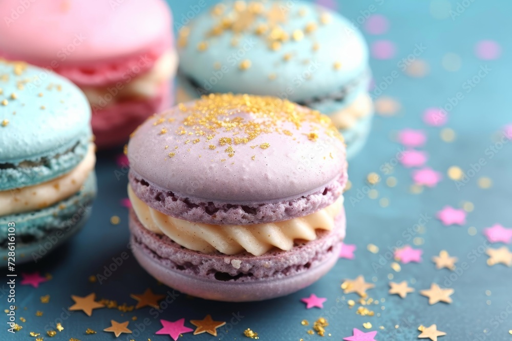 An array of vibrant macaroons, with their delicate sandwich cookie layers and sweet food coloring, provide a colorful and irresistible treat for any dessert lover