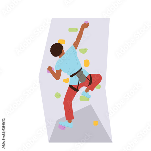 Man sportive athlete making bouldering rock climbing artificial wall with stones vector illustration
