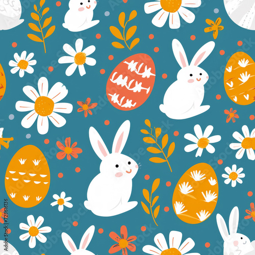 Simple Easter repeat pattern, with rabbits, daisies, chicks and eggs