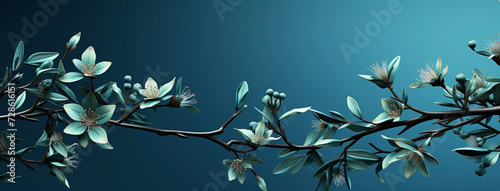 Beautiful wide panoramic plant branch with small flowers and leaves, wallpaper banner in blue color background  