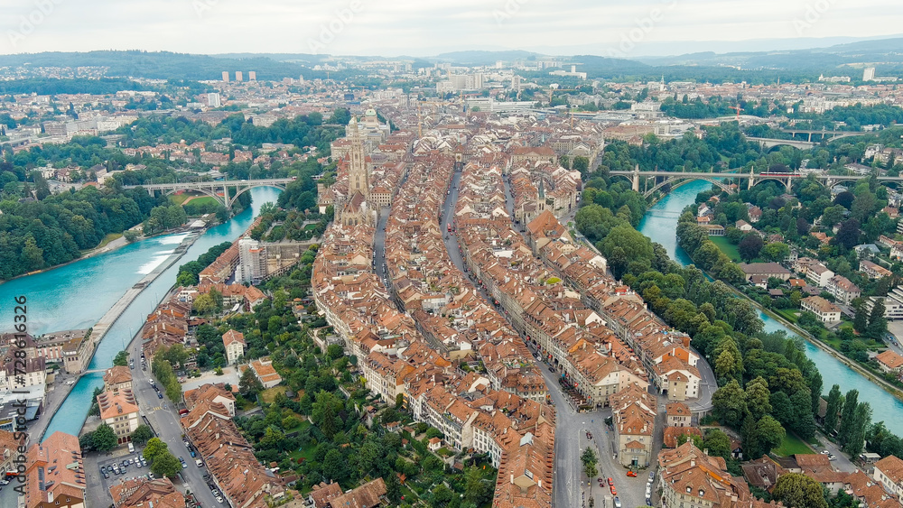 Bern, Switzerland. The famous Zytglogge tower. Panorama of the city with a view of the historical center. Summer morning, Aerial View