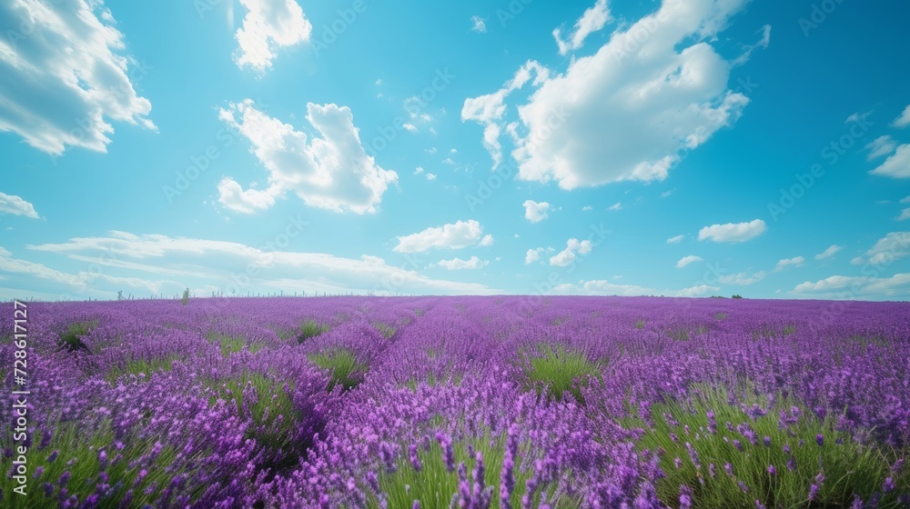 Naklejka premium Beautiful natural background with lavender field and blue sky large copyspace area with copy space for text