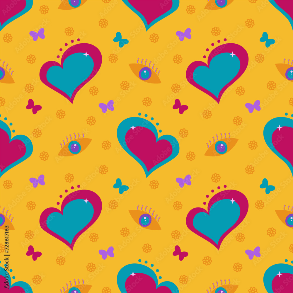 Vector seamless pattern colorful Dream hearts eyes. Stylish background, rich bright colors. Brings happiness, harmony, beauty