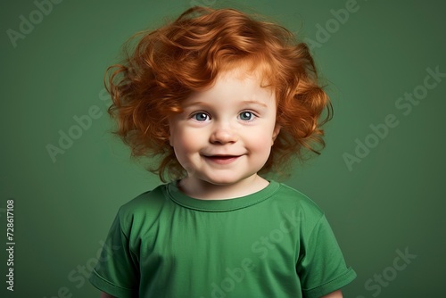Cute handsome little boy todler with curly red hair and freckles wearing an green T-shirt on an plain green background. Place for text. Studio portrait of happy red-haired child