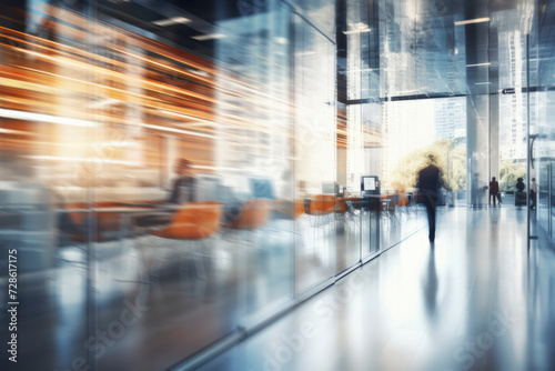 Blurred business background. Walking businessmen in a modern glass office center, shopping mall, bank. Movement effect, stylish interior with green plants