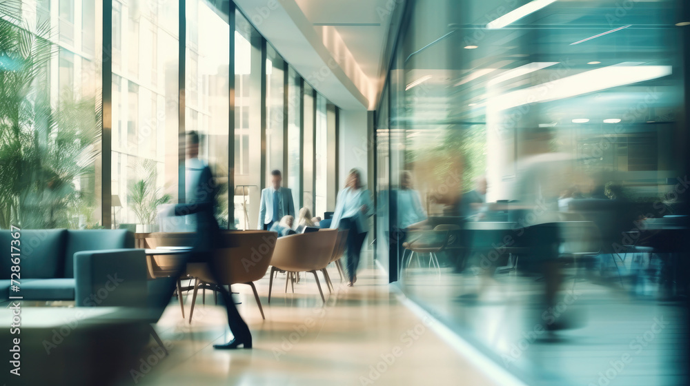 Blurred business background. Walking businessmen in a modern glass office center, shopping mall, bank. Movement effect, stylish interior with green plants Blurred business background. Walking businessmen in a modern glass office center, shopping mall, bank. Movement effect, stylish interior with green plants