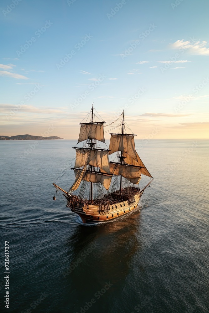 Sailing into History - sailing ship in the open sea at sunset. Sailing into History - sailing ship in the open sea at sunset.