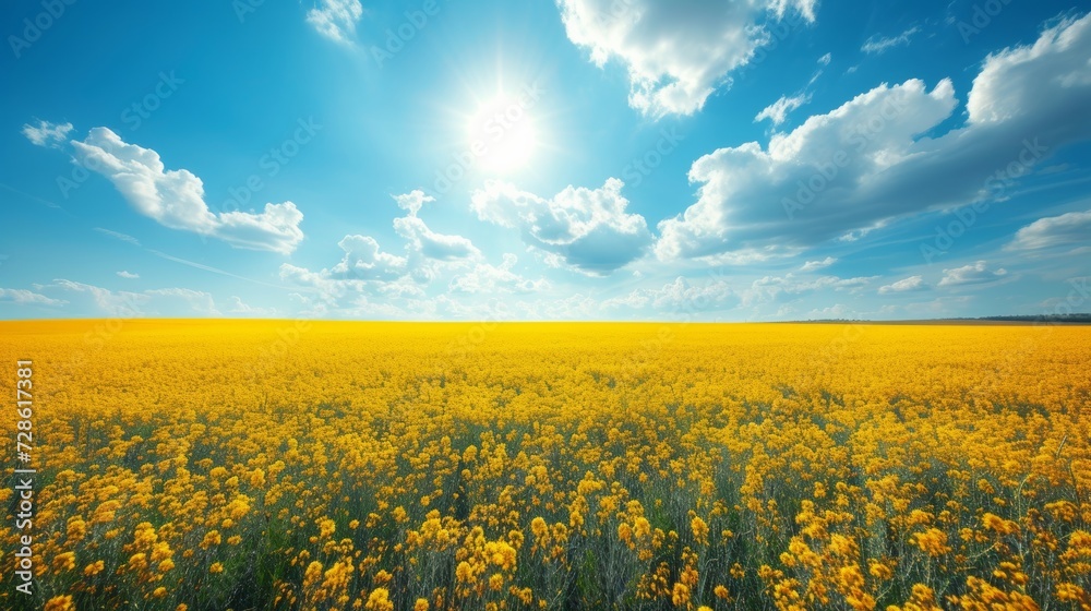 Obraz premium Beautiful natural background with yellow field and blue sky large copyspace area with copy space for text
