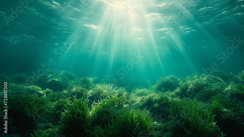 Beautiful sea background with algae on the bottom large copyspace area with copy space for text photo