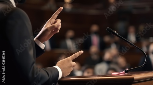 With eloquence and gestures, the prosecutor presents a persuasive argument to the judge and jury.