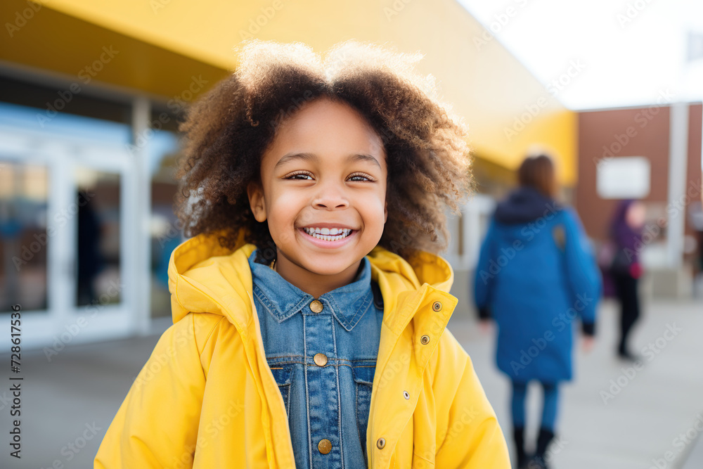 smiling school student in a yellow coat on the street near the entrance of the building