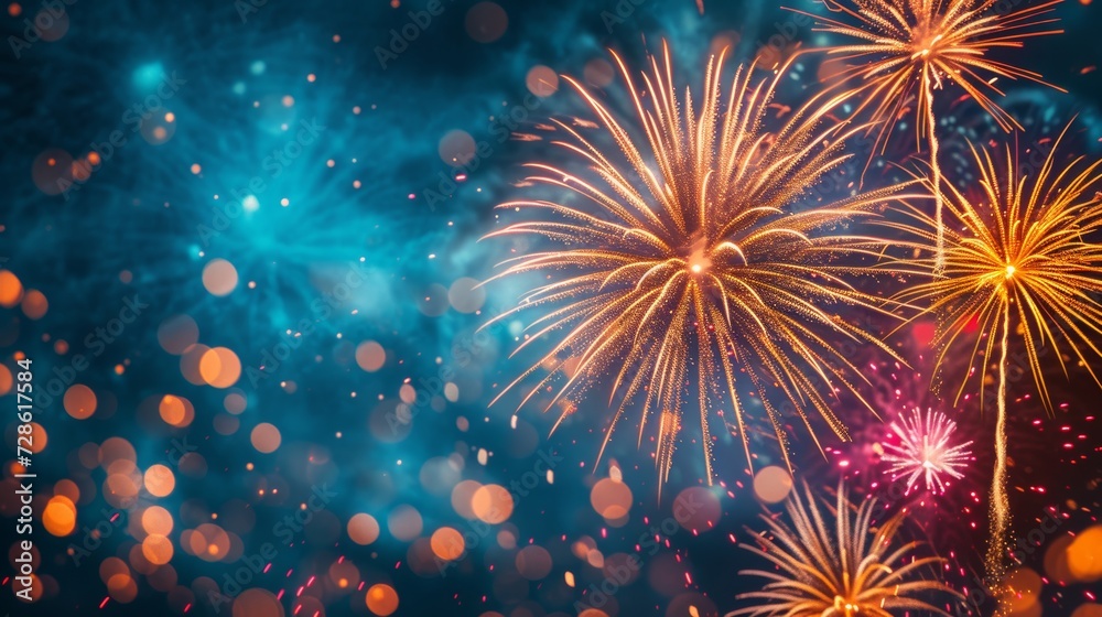 Fototapeta premium Glittering fireworks painting the night sky with bursts of vivid color. large copyspace area with copy space for text