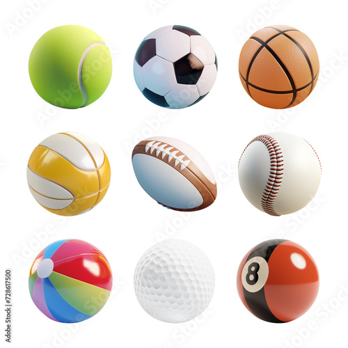 Collection of 3d sport and ball icon. AI Generative.