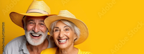 Happy mature man and woman in straw hats ready for vacation. Studio portrait of stylish cheerful loving pensioners in bright summer clothes on yellow background. Summer holiday and travel concept photo