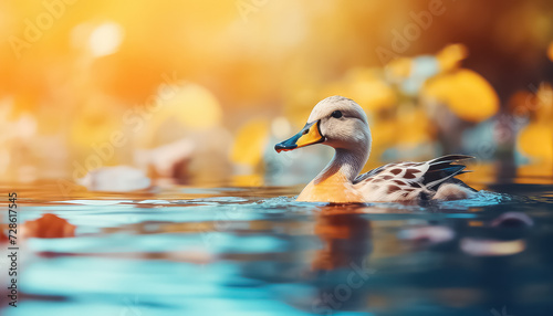 Duck swimming in the water in autumn