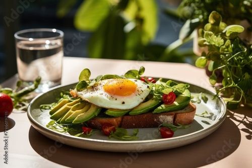 Avocado toast  whole grain bread  poached egg  cherry tomatoes  spinach leaves  microgreens on beautiful plate on the table. Vegetarian food  healthy breakfast  snack. Solar lighting