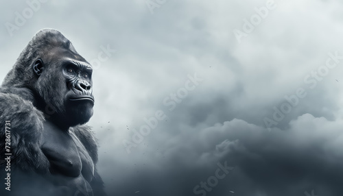Huge gorilla on the background of thick smoke and sky