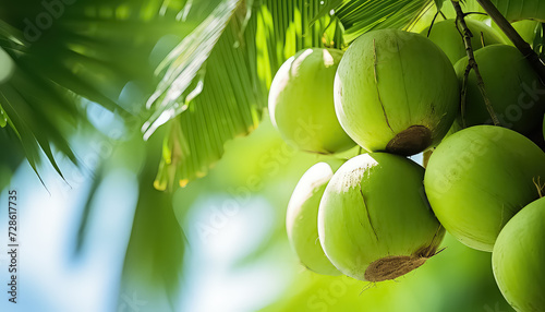 Young coconuts grow on a palm tree