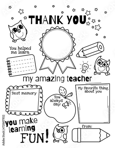Postcard - coloring page as a token of gratitude to the teacher. Thank you teacher gift card