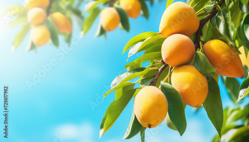 Lemons on a tree against the sky in summer
