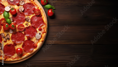 Italian pizza with tomatoes on wooden background