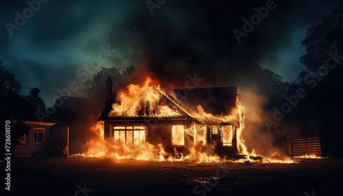 The house burned down in the night in flames