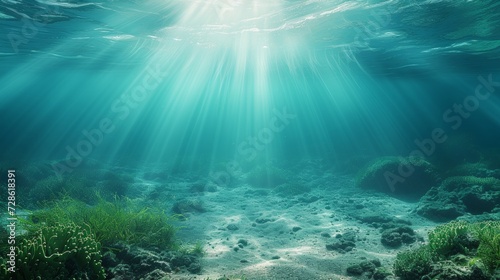 Beautiful light sea background with algae on the bottom large copyspace area with copy space for text