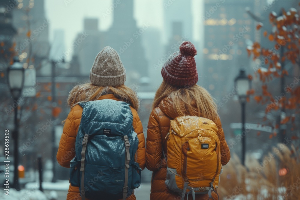 Two women walking in urban winter setting, friendship
