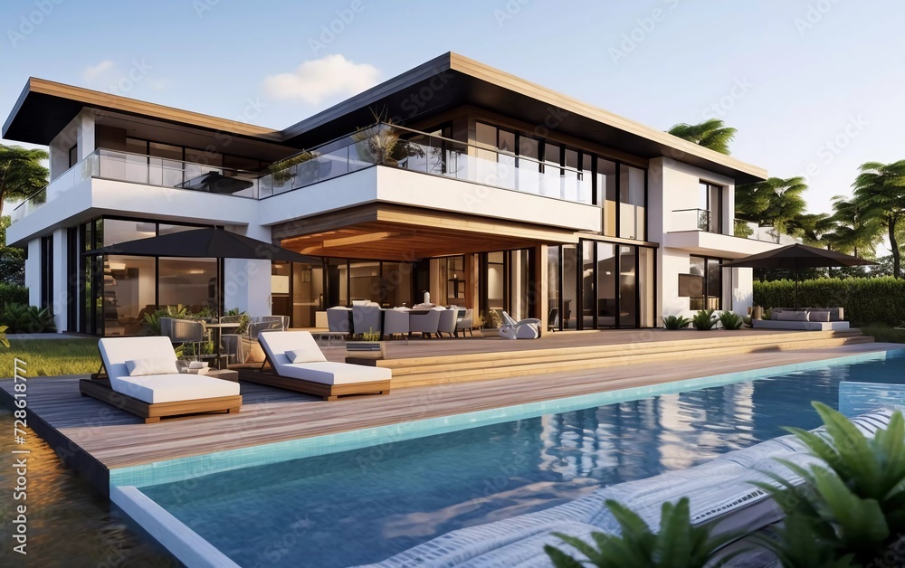 Design house - modern villa with open living room and private bedroom wing. Large terrace with privacy thanks to the house, swimming pool