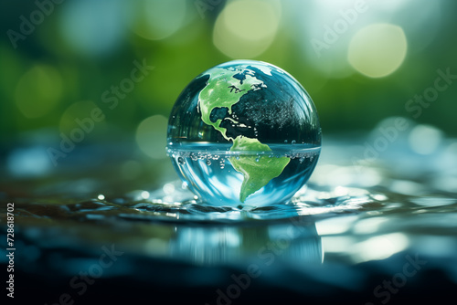 A transparent glass globe with the continents in green, representing Earth, rests on a reflective surface surrounded by water droplets. © slonme
