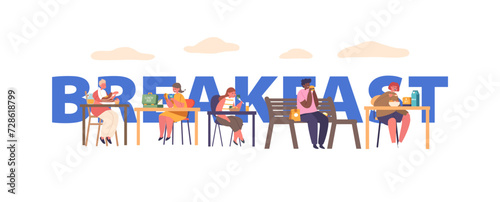 Children Characters Having Breakfast. Kids Munching Cereal, Fast Food, Sipping Juice, And Chatting Cheerfully, Banner