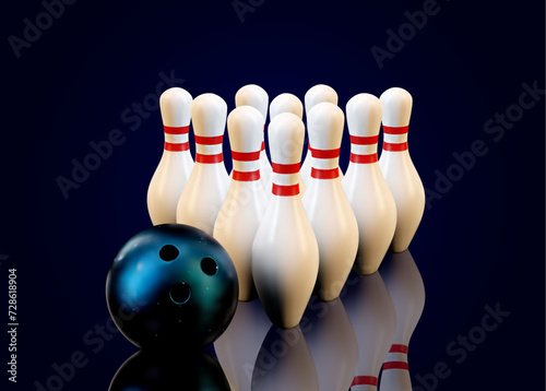 Realistic bawling ball with pins.3d bawling pins.Realistic bowling theme eps 10