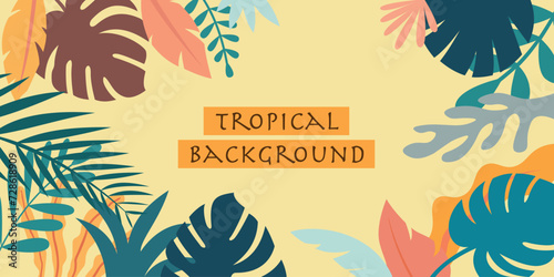Tropical background or cover design template, horizontal illustration of tropical leaves of different colors with space for text in the middle.