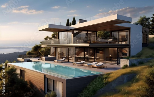 comfortable modern house on a hill with garage and swimming pool. generative ai © KBL Sungkid