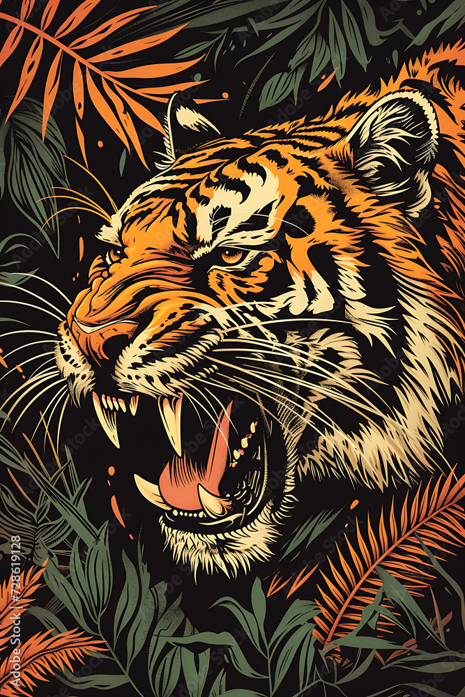 tribal batterns, A fierce tiger roaring amidst a jungle background, with tribal patterns, black background