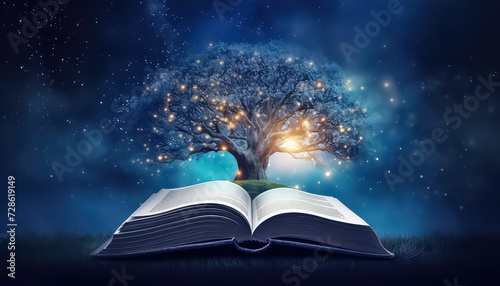 The tree of knowledge shines with lights, growing out of a book photo