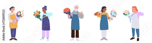 Diverse people florists cartoon characters wearing apron holding flower bouquets isolated set