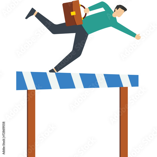 failed businessman failed to jump over hurdles and fell to the ground, Business failure, underperforming employee problem or concept, mistakes or unable to overcome difficulties or obstacles.