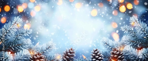 A Christmas Card Showcasing a Snow-Kissed Fir Branch Adorned with Pine Cones and Twinkling Lights. Made with Generative AI Technology © mafizul_islam