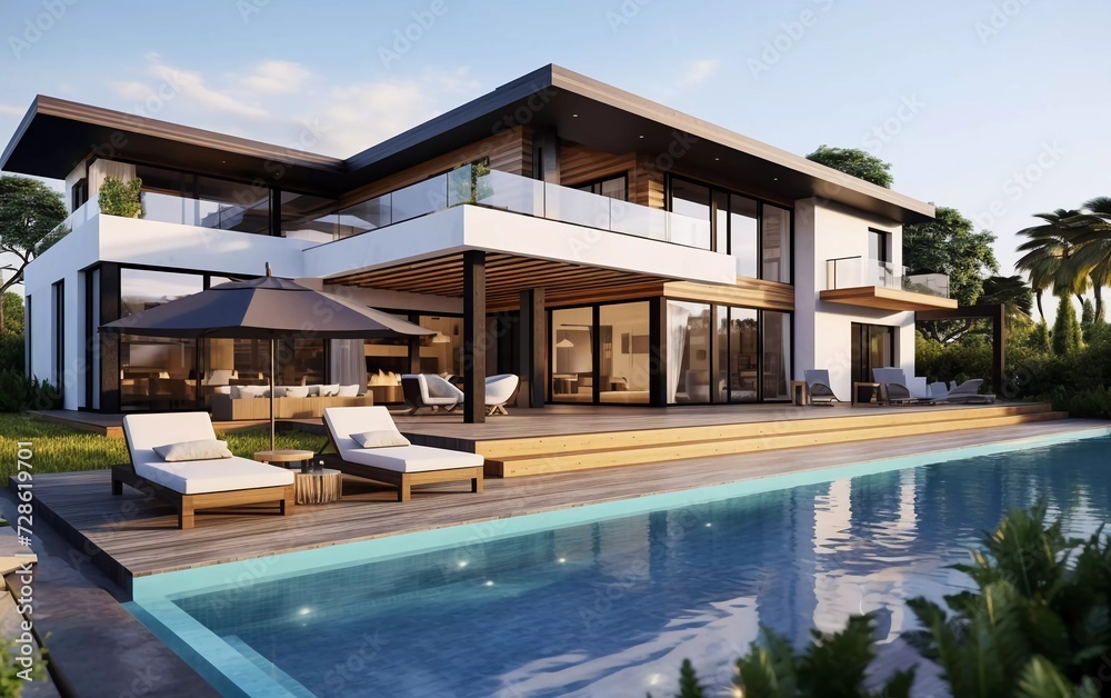 Design house - modern villa with open living room and private bedroom wing. Large terrace with privacy thanks to the house, swimming pool