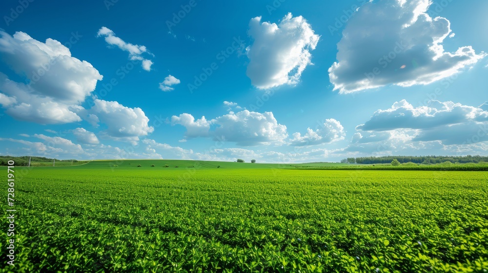 Beautiful natural background with green field and blue sky