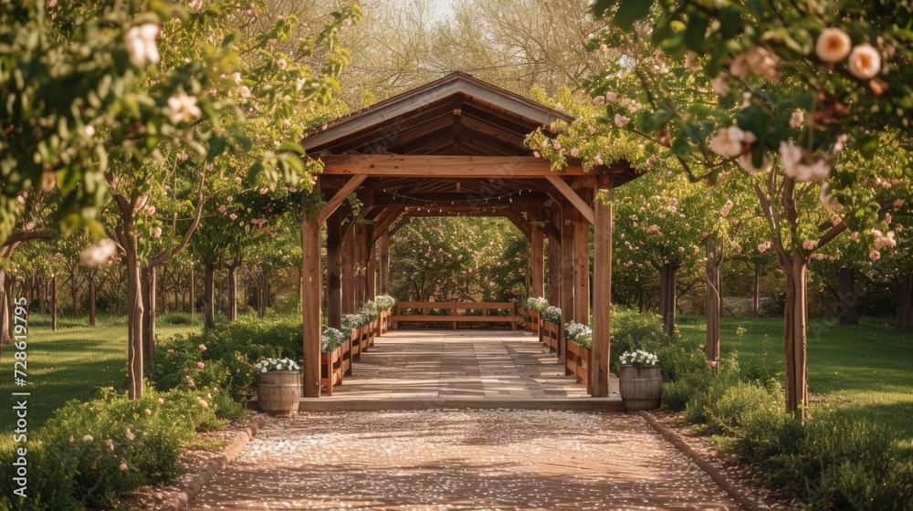 An elegant stage nestled within a charming orchard, adorned with blossoms
